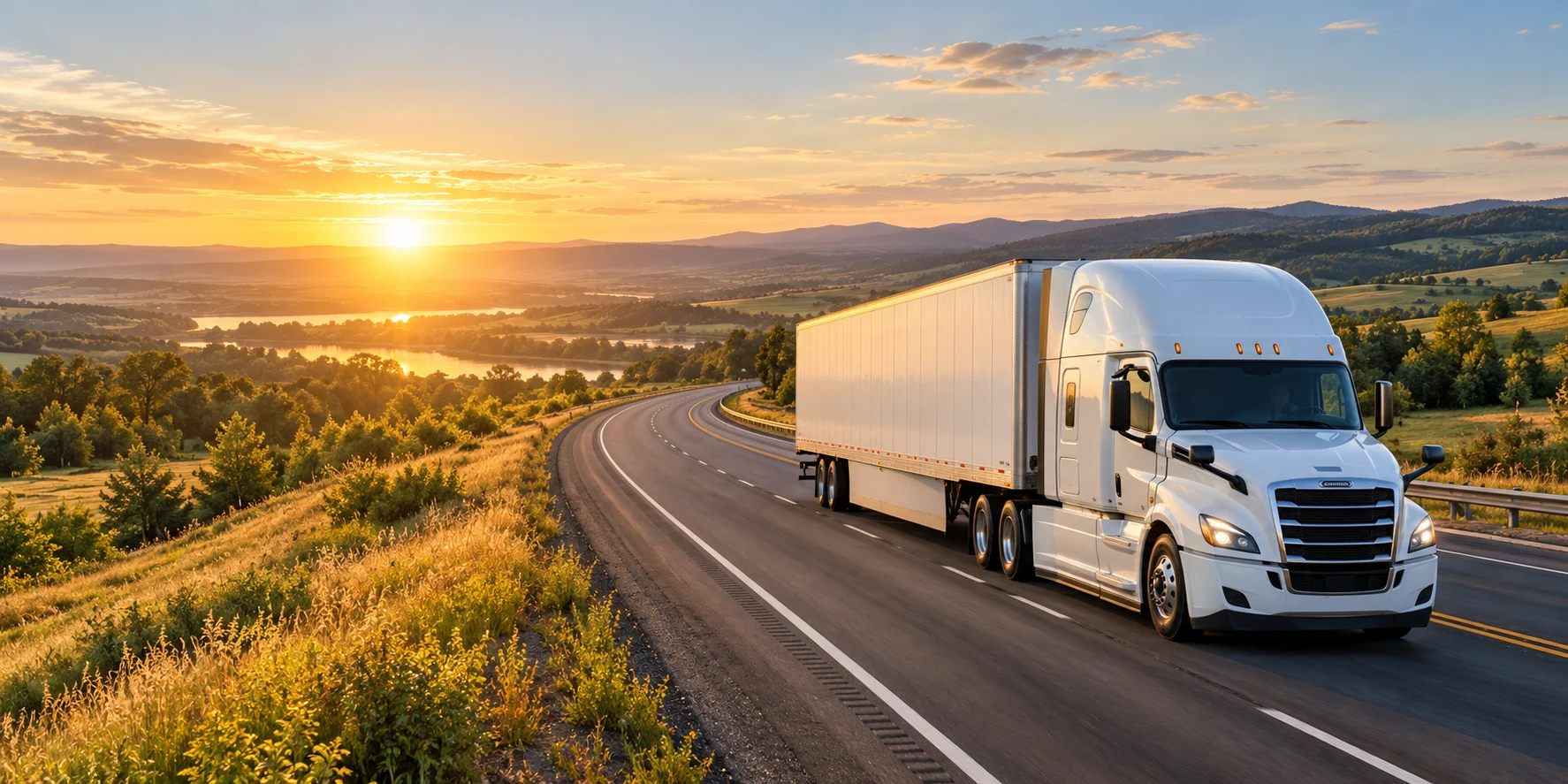 A white semi-truck on a curving country highway at sunrise, with golden light over rolling green hills.